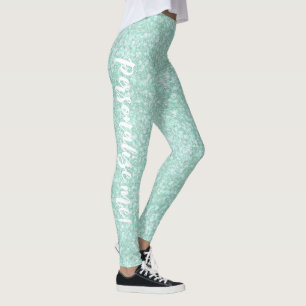 Soft Crystalline Aqua Blue Glitter CUSTOM TEXT Leggings