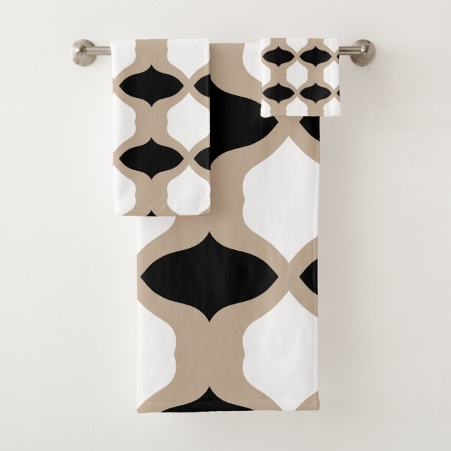 Soft Curves Pattern - Taupe, Black and White Bath Towel Set (Insitu)