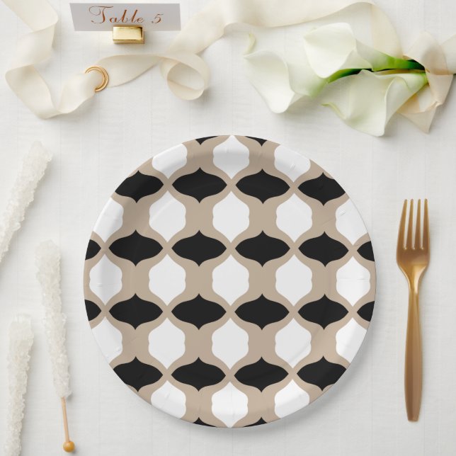 Soft Curves Pattern - Taupe, Black and White Paper Plate (Wedding)