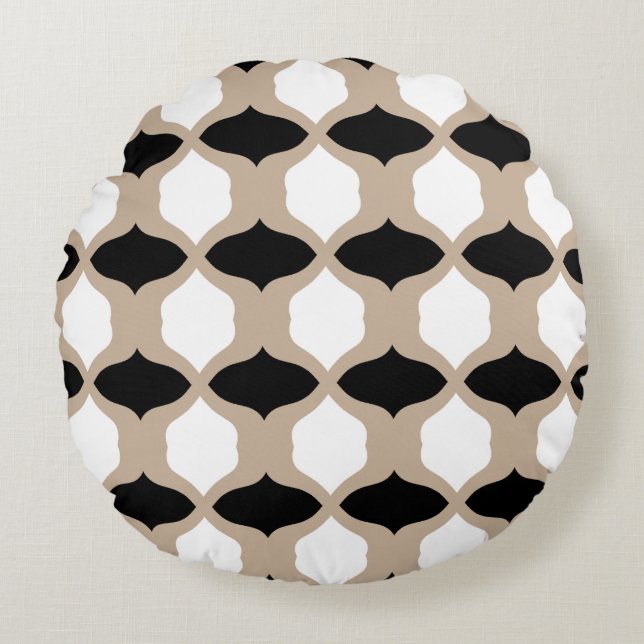 Soft Curves Pattern - Taupe, Black and White Round Cushion (Front)