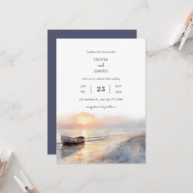 Soft Dawn Wooden Boat Watercolor Beach Wedding  Invitation (Front/Back In Situ)