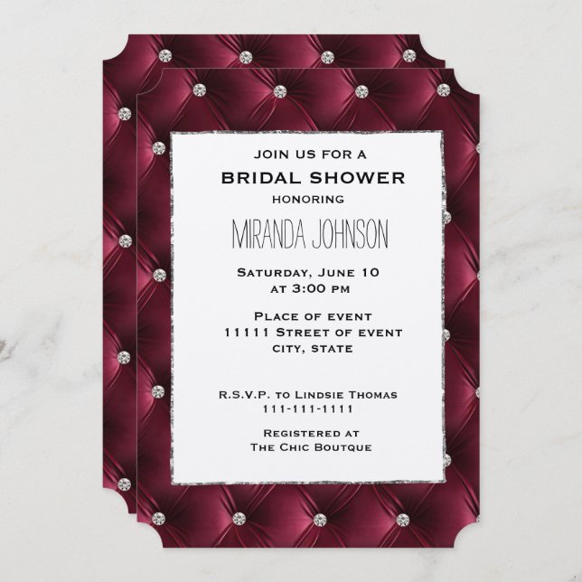 Soft Deep Burgundy Red Velvet Bridal Shower Invitation (Front/Back)