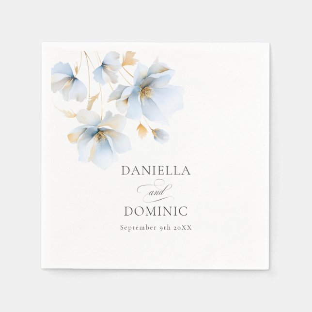 Soft Delicate Dusty Blue Gold Wildflowers Wedding Napkin (Front)