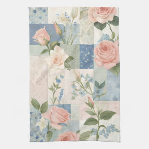Soft Delicate Floral Pink And Blue Patchwork Tea Towel