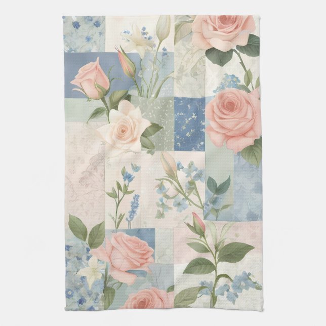 Soft Delicate Floral Pink And Blue Patchwork Tea Towel (Vertical)
