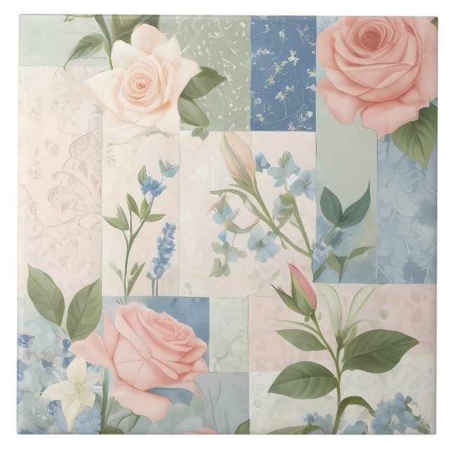 Soft Delicate Floral Pink And Blue Patchwork Tile (Front)