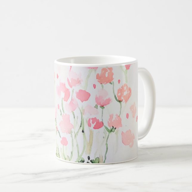 Soft Delicate Pink and Green Watercolor Flowers Coffee Mug (Front Right)