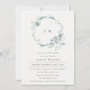 Soft Dusky Blue Floral Wreath Baby Shower Invite 