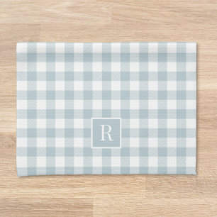 Soft Dusty Blue Buffalo Check Custom Initial Tea Towel