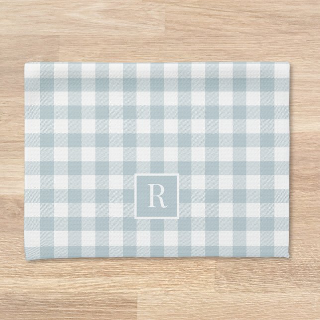 Soft Dusty Blue Buffalo Check Custom Initial Tea Towel (Creator Uploaded)