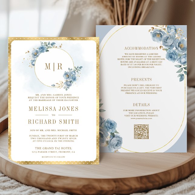 Soft Dusty Blue Floral Gold All in One Wedding Invitation (Creator Uploaded)