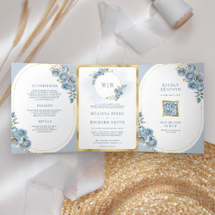 Soft Dusty Blue Floral Gold All in One Wedding Tri-Fold Invitation