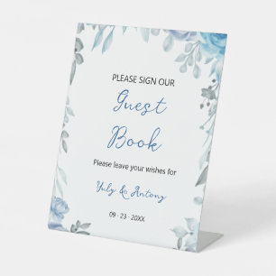 Soft Dusty Blue Floral Guest Book Pedestal Sign