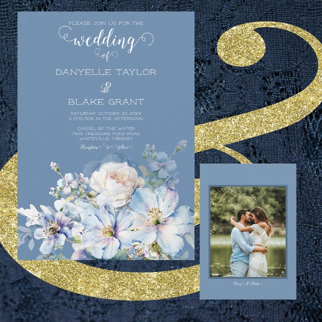 Soft Dusty Blue Ivory Floral Photo Wedding Invitation (Creator Uploaded)