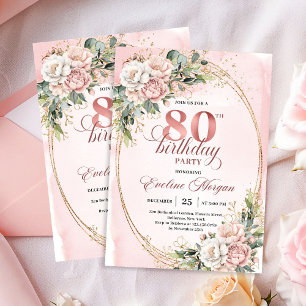 Soft Dusty Pink Floral Eucalyptus 80th Birthday Invitation