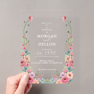 Soft Dusty Pink & Peach Watercolor Floral Wedding Acrylic Invitations