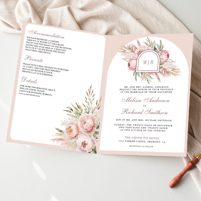 Soft Dusty Rose Pink Floral Pampas QR Code Wedding Invitation (Creator Uploaded)