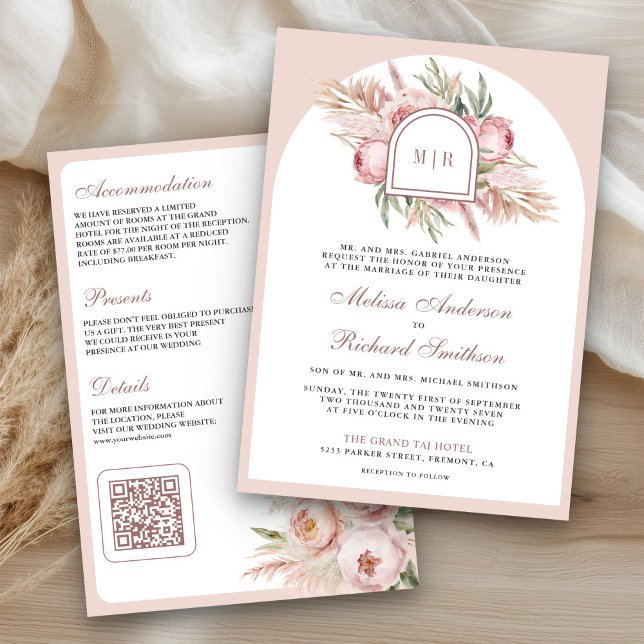 Soft Dusty Rose Pink Floral Pampas QR Code Wedding Invitation (Creator Uploaded)
