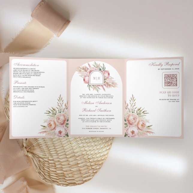 Soft Dusty Rose Pink Floral Pampas QR Code Wedding Tri-Fold Invitation (Creator Uploaded)