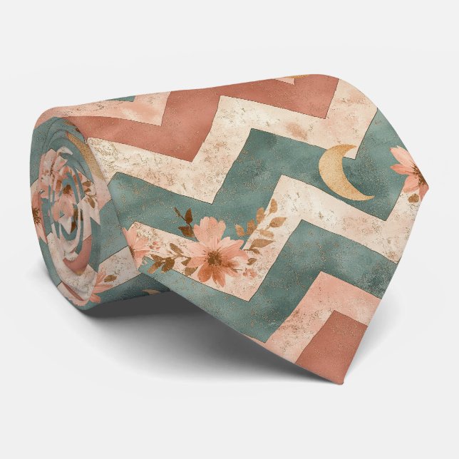 Soft Earth Toned Floral Chevron with Moons Tie (Rolled)