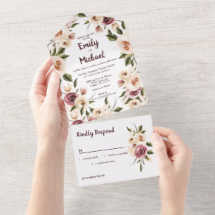 Soft Elegant Roses Burgundy Cream Frame All In One Invitation