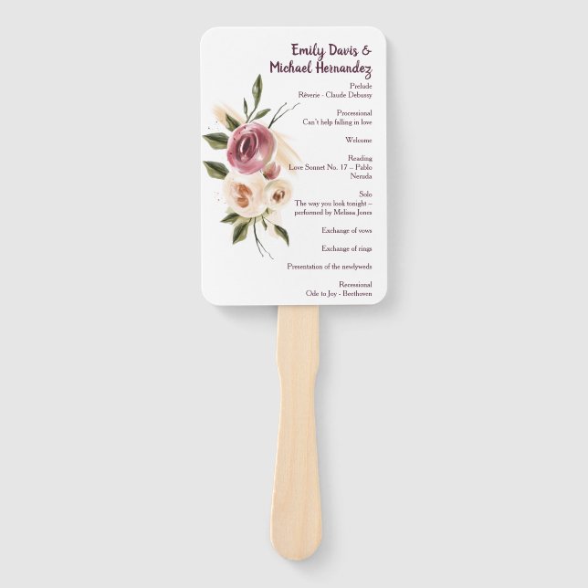 Soft Elegant Roses Burgundy Cream Frame Program Hand Fan (Front)