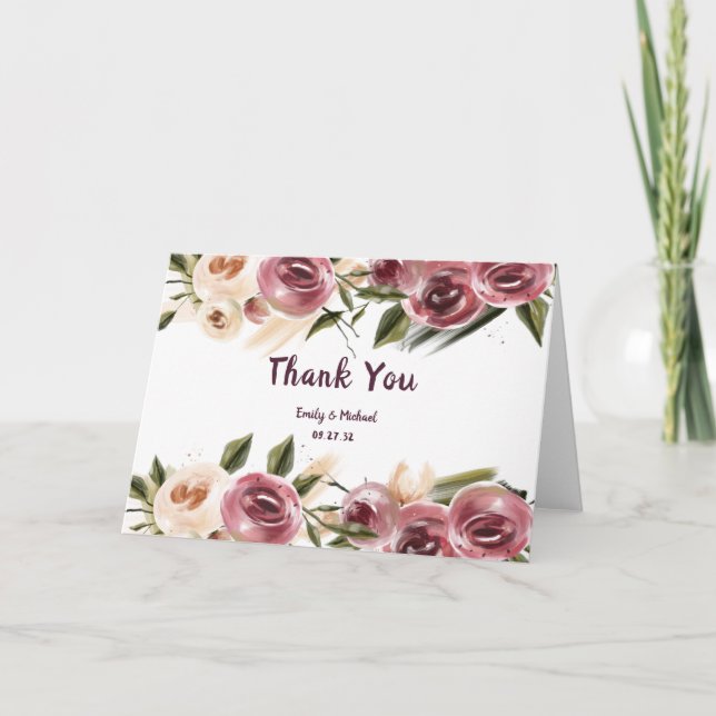 Soft Elegant Roses Burgundy Cream Frame Thank You Card (Front)