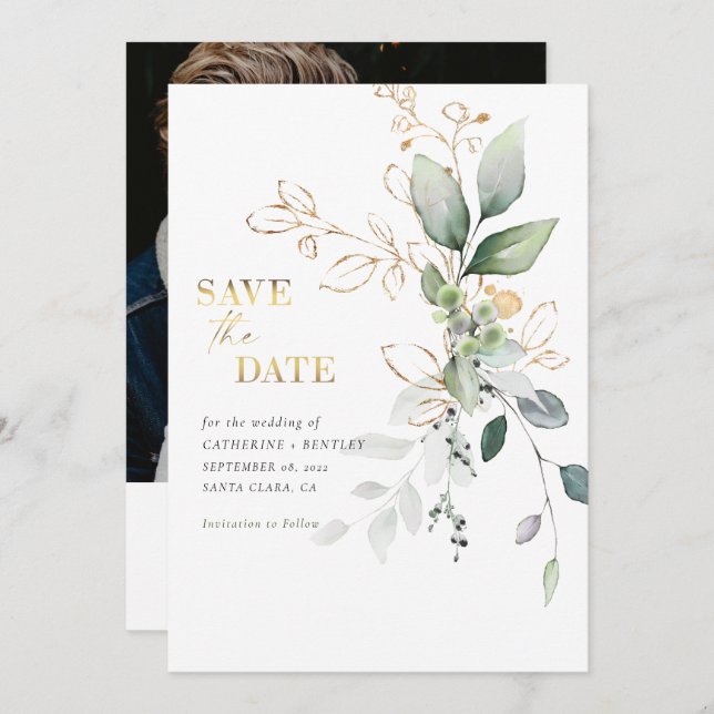 Soft Eucalyptus w/Gold Photo Save The Date (Front/Back)
