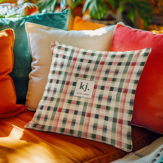 Soft Evergreen Gingham Monogram Cushion (Creator Uploaded)