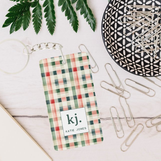 Soft Evergreen Gingham Monogram Key Ring (Creator Uploaded)