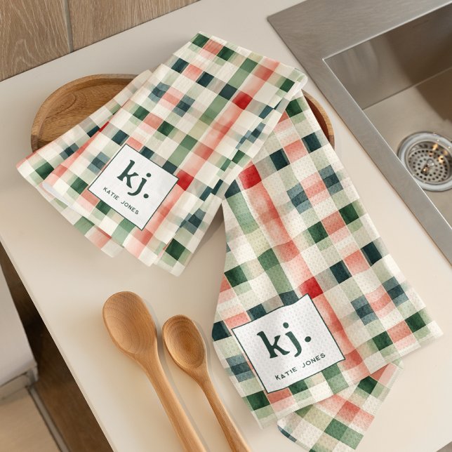 Soft Evergreen Gingham Monogram Kitchen Towel (Creator Uploaded)