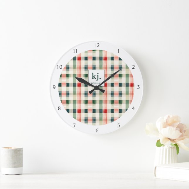 Soft Evergreen Gingham Monogram Large Clock (Home)