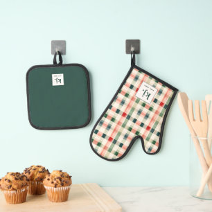 Soft Evergreen Gingham Monogram Oven Mitt & Pot Holder Set