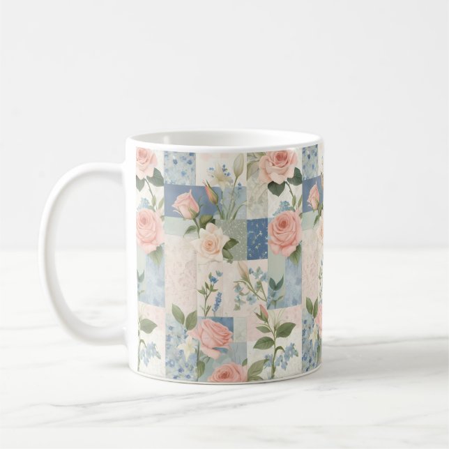 Soft Feminine Floral Pink And Blue Patchwork Coffee Mug (Left)