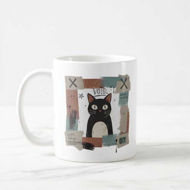 Soft Feral Unbothered Black Cat Gothic Art Coffee Mug (Left)