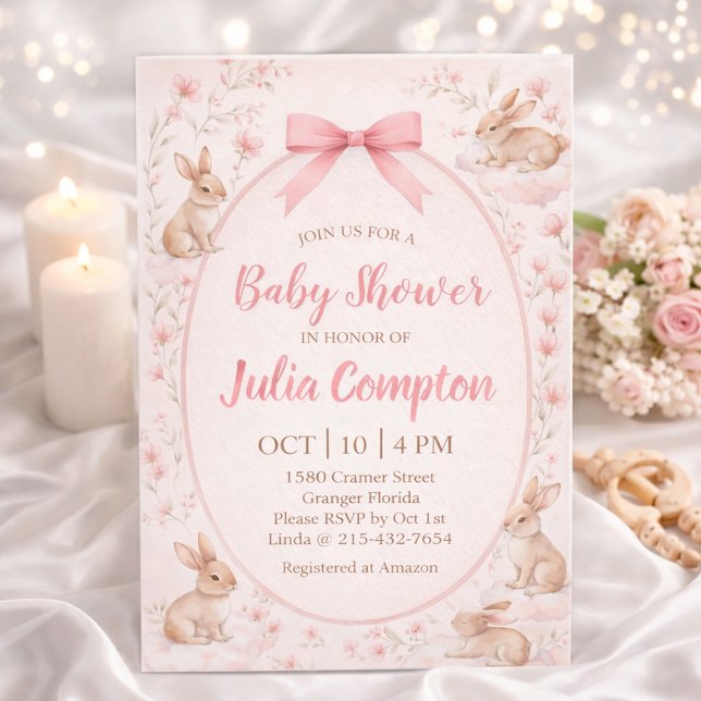 Soft Floral Bunny Baby Shower Invitation  Postcard (Creator Uploaded)