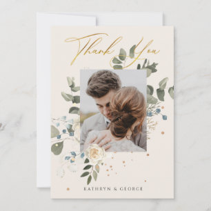 Soft Floral Gold Botanical Foliage Wedding Photo Thank You Card