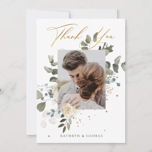 Soft Floral Gold Botanical Foliage Wedding Photo Thank You Card (Front)
