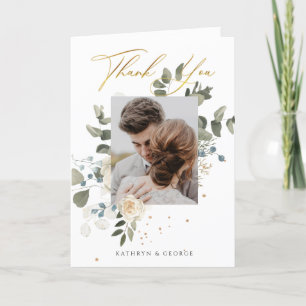 Soft Floral Gold Botanical Foliage Wedding Photo Thank You Card