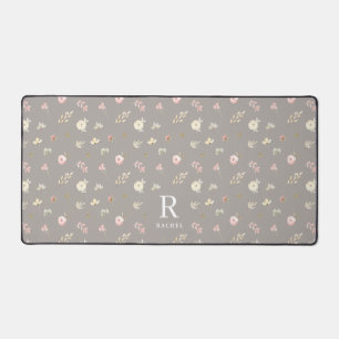 Soft Floral Gray Beige Custom Initial Monogram Desk Mat