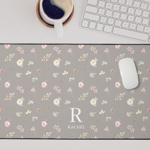 Soft Floral Grey Beige Custom Initial Monogram Desk Mat