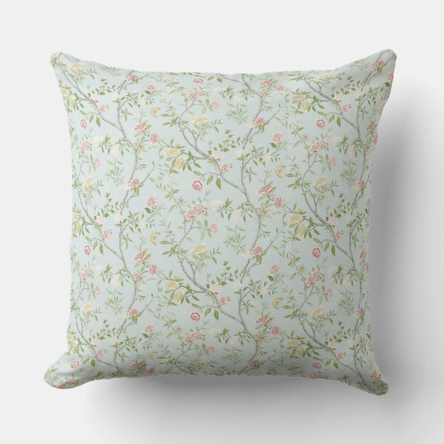 Soft Floral Throw Pillow w/ Mint Green Background (Front)