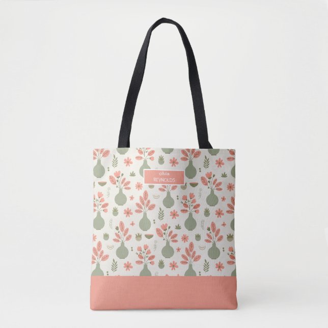 Soft Floral Vase Pattern with Name Tote Bag (Front)