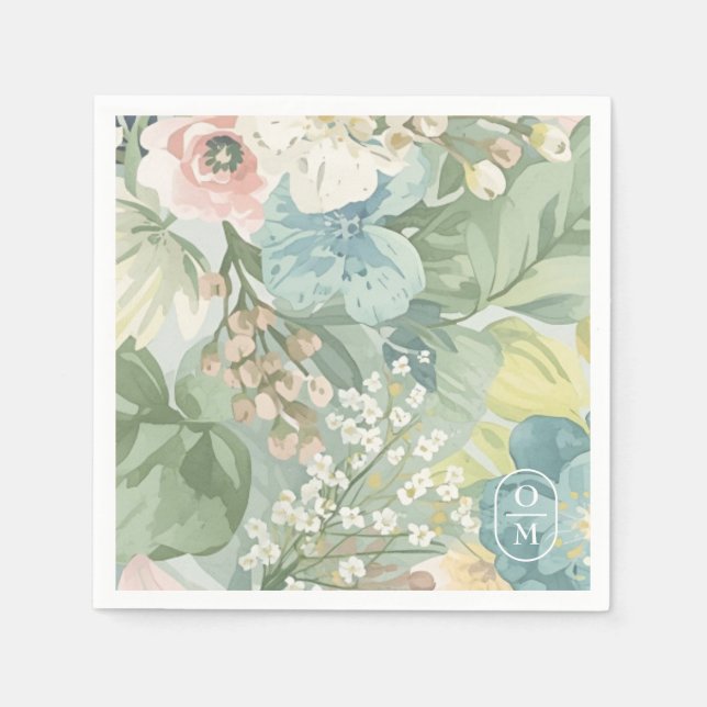 Soft Floral Watercolor Monogram Wedding Napkin (Front)