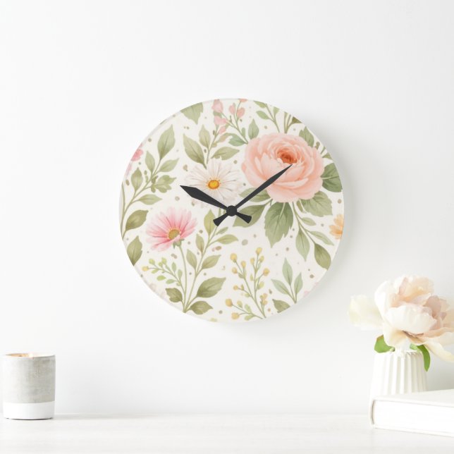Soft Floral Watercolor Pattern   Large Clock (Home)