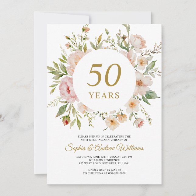 Soft Flowers 50th Anniversary Invitation (Front)