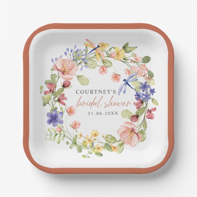 Soft Flowers  Dragonflies Romantic Bridal Shower Paper Plate (Front)