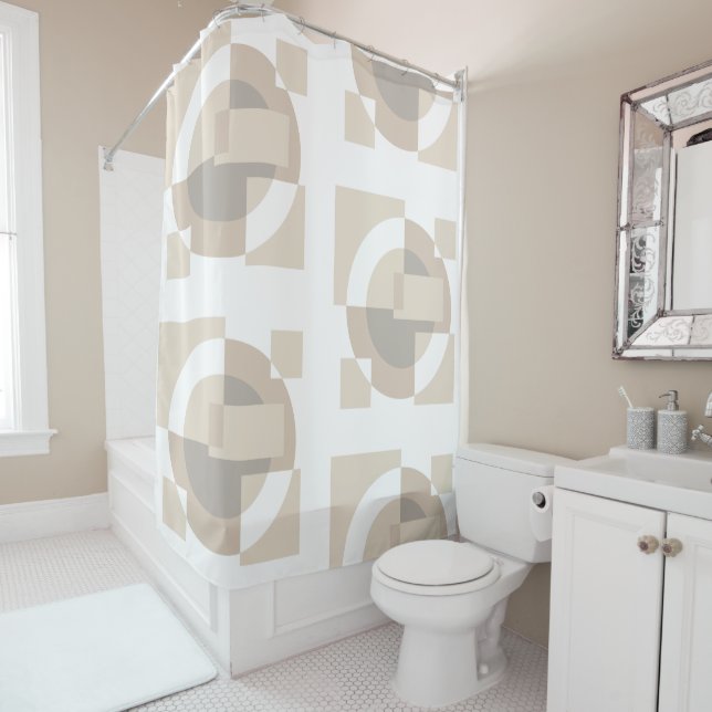Soft Geometric Blocks – Neutral Overlapping Shapes Shower Curtain (In Situ)