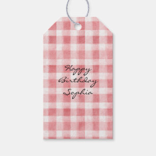 Soft Girly Pink White Plaid Stripes Birthday Gift Tags