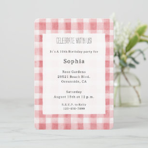 Soft Girly Pink White Plaid Stripes Birthday Invitation